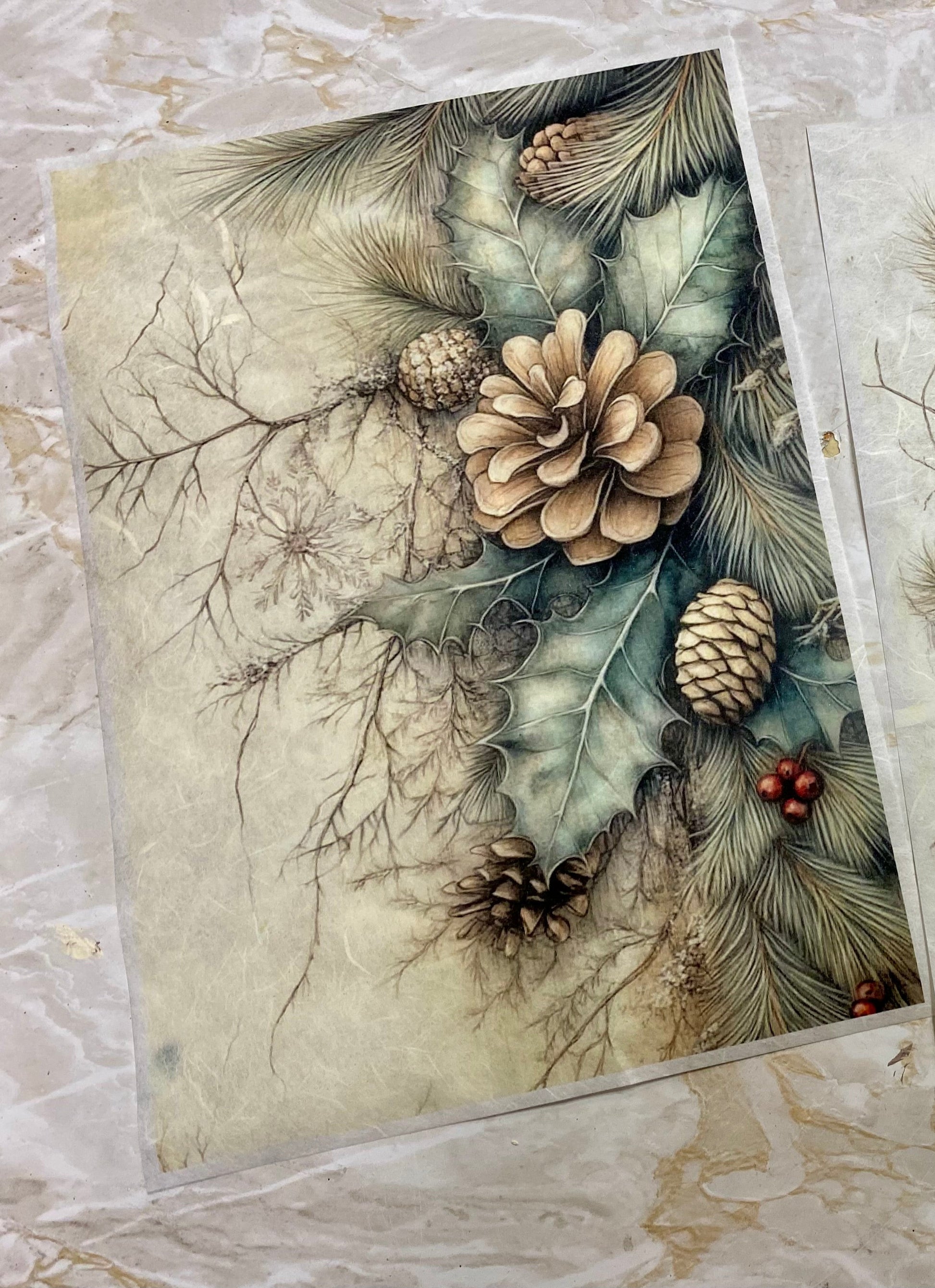 Carta di riso formato A4 pigne e agrifoglio