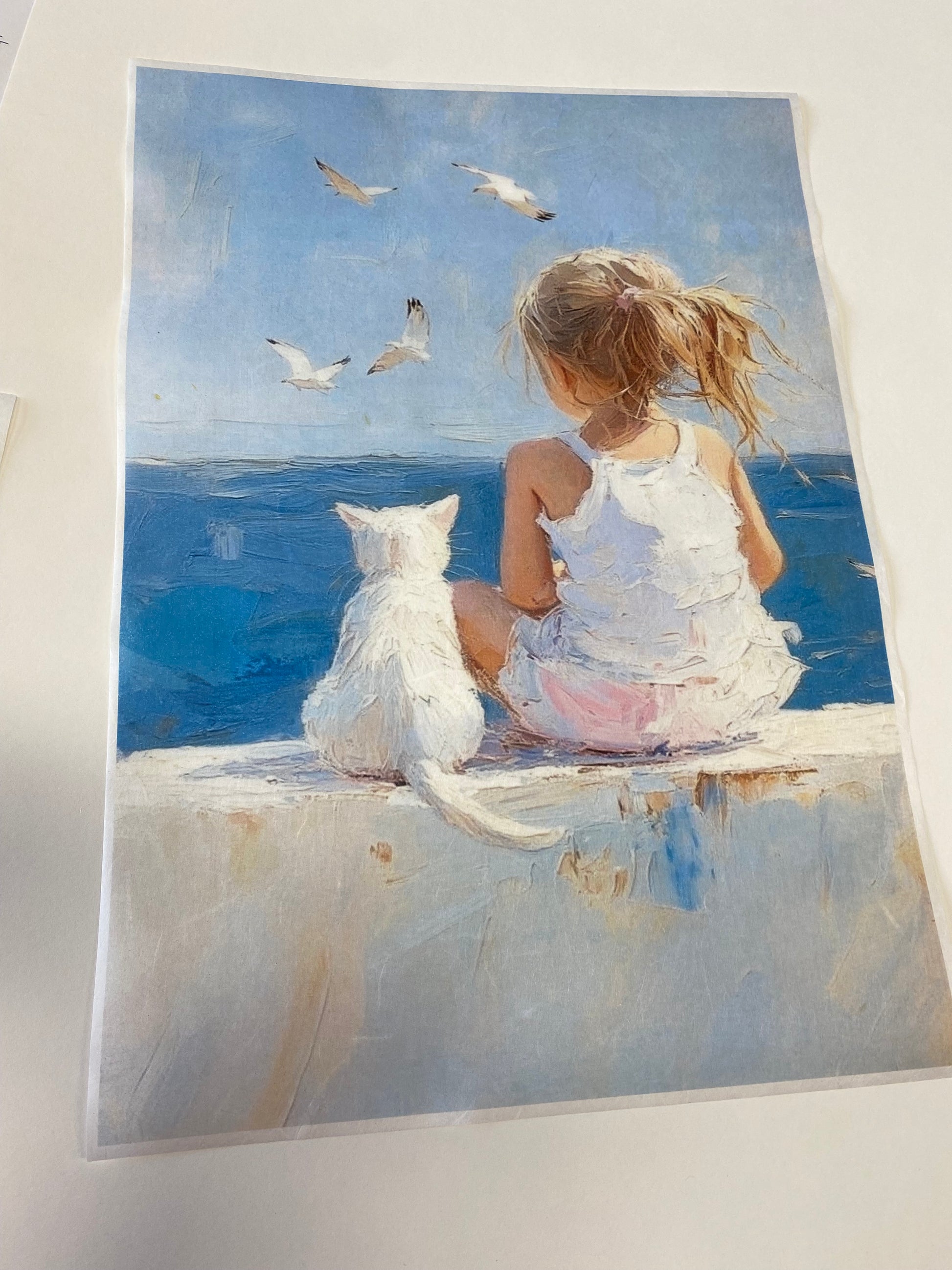Carta di riso formato A3 bimba e gattino sul mare
